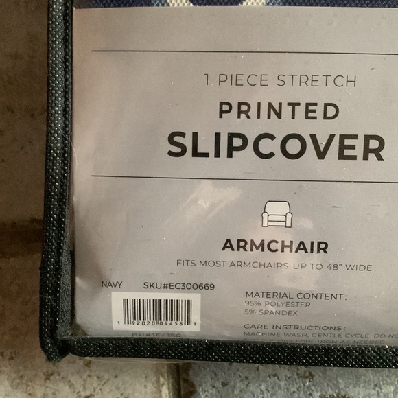 Great Bay Home Printed Twill Arm Chair Slipcover. One Piece Navy-New - Picture 7 of 7